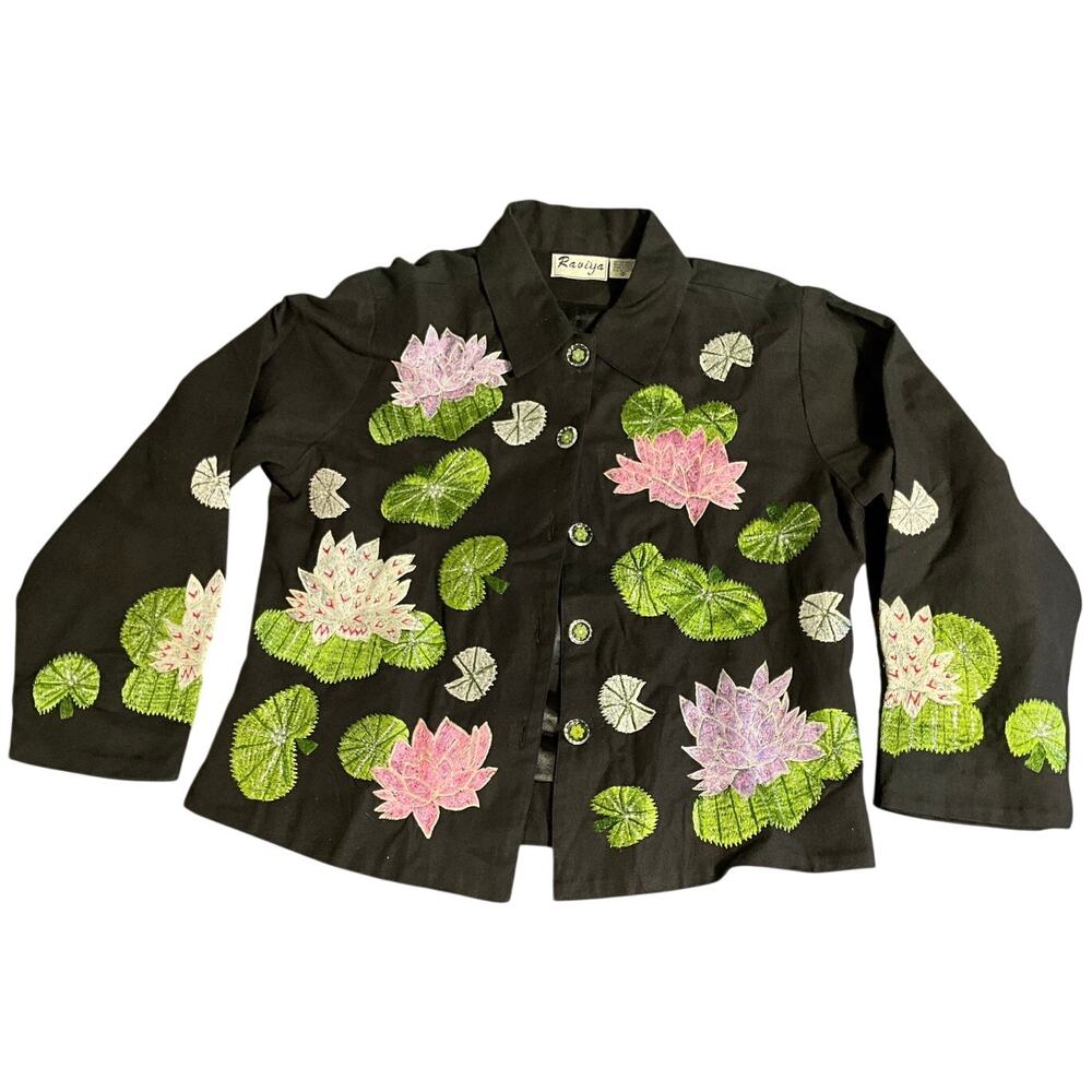 Raviya Black Embroidered Sz S Lotus Flower Jacket Boho Cotton Button Front Lined